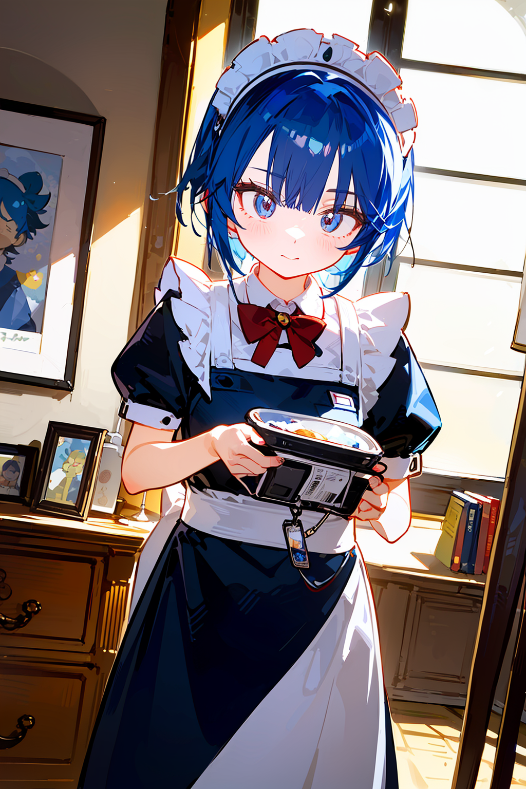 01113-147143503-anime key visual, surreal, (housemaid,mesugaki,blue hair_1.2) , doing a fashion show, wearing Red maid, with barcode print, Fitn.png